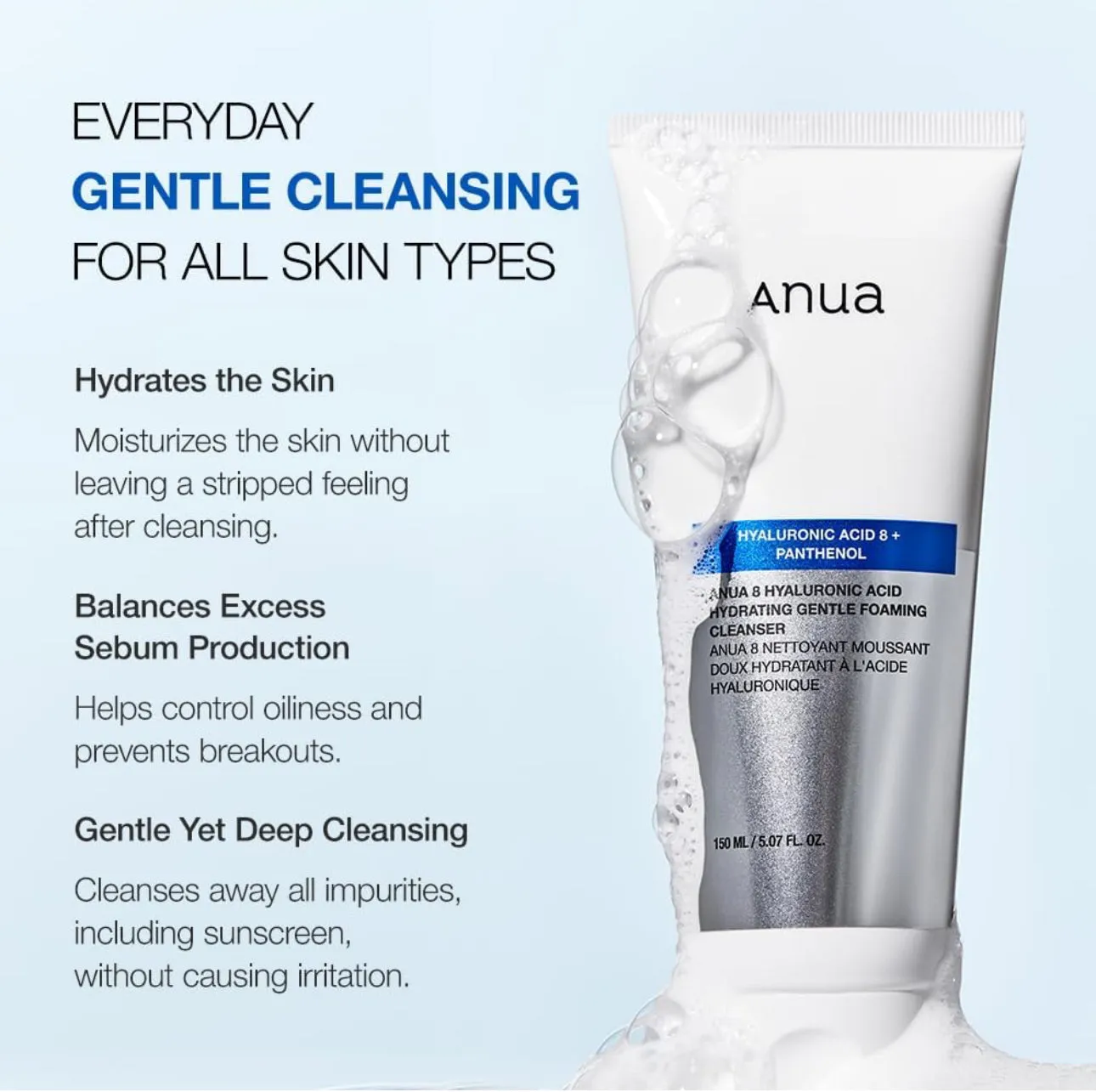 ANUA HYDRATING GENTLE FOAMIN CLEANSER WITH HYALURONIC ACID, ZINC, PANTHENOL, GLYCERIN