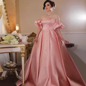 Blush Pink Satin Cape Sleeves Crystal Wedding Gown