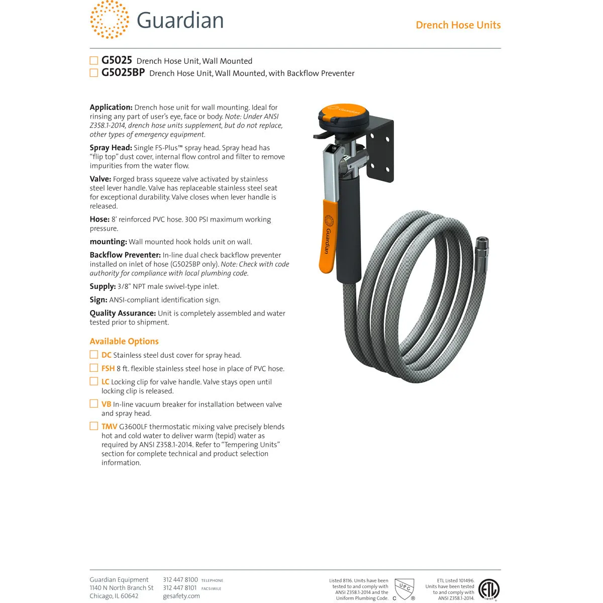 Guardian G5025 Wall Mount Single Head Eyewash Drench Hose Unit