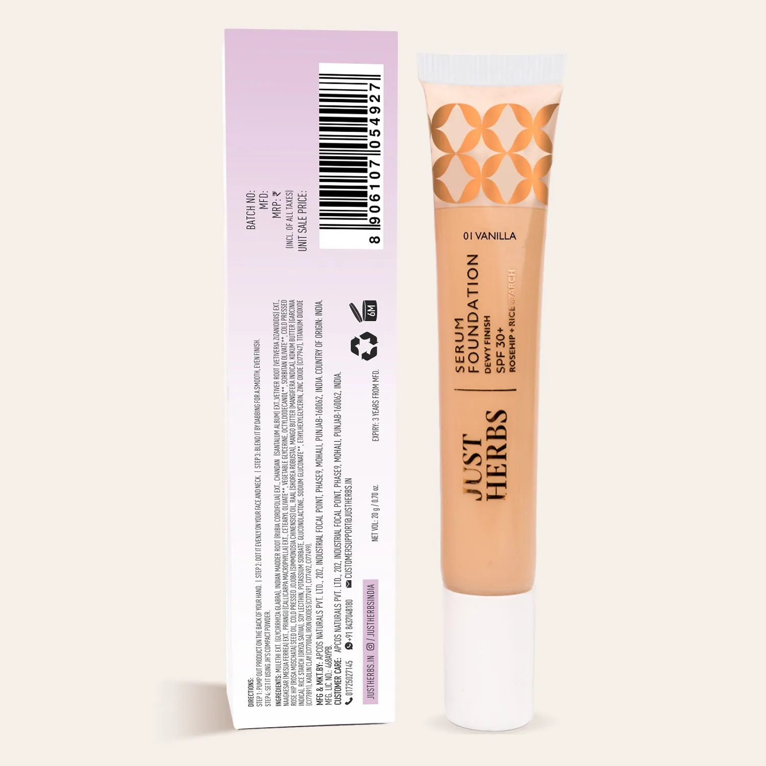 Serum Foundation Dewy Finish SPF30  Tube with Rosehip and Rice Starch - Natural