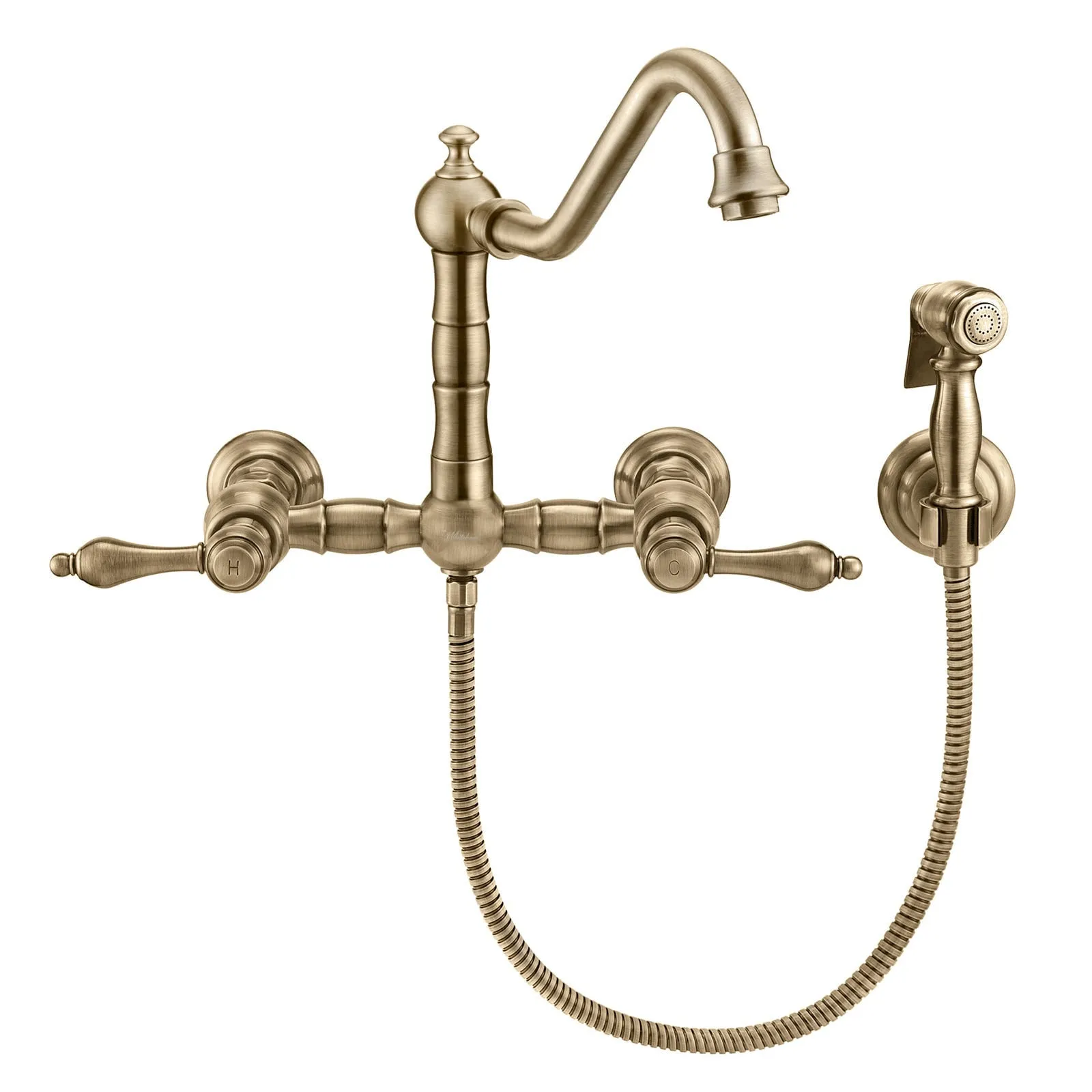 Whitehaus WHKWLV3-9402-NT-AB Vintage III Plus Wall Mount Faucet with a Swivel Spout and Side Spray