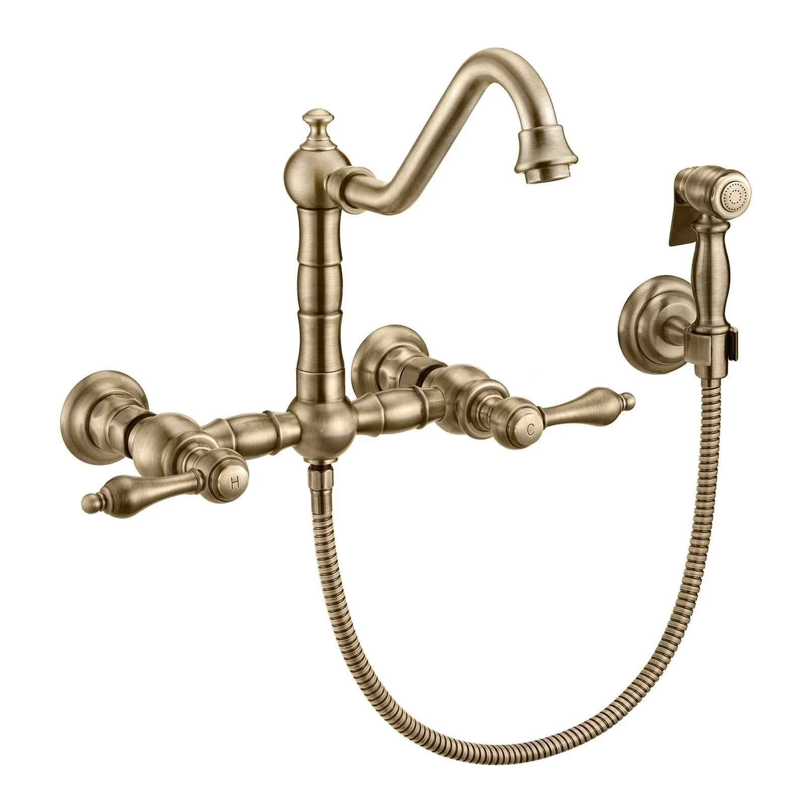 Whitehaus WHKWLV3-9402-NT-AB Vintage III Plus Wall Mount Faucet with a Swivel Spout and Side Spray